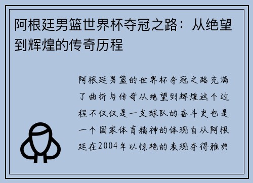阿根廷男篮世界杯夺冠之路：从绝望到辉煌的传奇历程