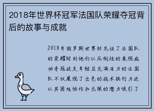 2018年世界杯冠军法国队荣耀夺冠背后的故事与成就