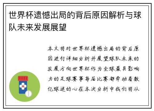 世界杯遗憾出局的背后原因解析与球队未来发展展望