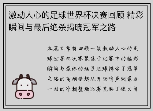 激动人心的足球世界杯决赛回顾 精彩瞬间与最后绝杀揭晓冠军之路