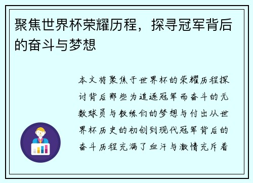 聚焦世界杯荣耀历程,探寻冠军背后的奋斗与梦想